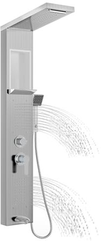 LZQ Panel de ducha de acero inoxidable, sistema de ducha de 5 funciones con ducha de lluvia, cascada, 2 chorros de masaje, ducha de mano y salida de bañera, juego de ducha montado en la pared (plata