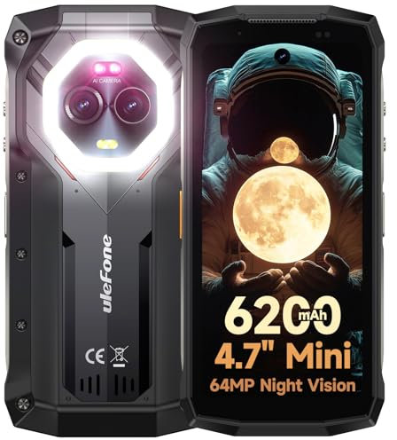Ulefone Armor Mini 20 Rugged Smartphone Android 14, 4.7 HD+ Telefono Indistruttibile 16GB+256GB/TF-2TB, 6200mAh/33W, 64MP Visión Nocturna 4G Cellulare Rugged Piccolo, IP68 Dual SIM/OTG/Face ID/GPS/FM
