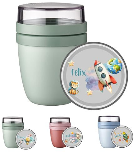 wolga-kreativ Personalisiertes Mepal Müslibecher to Go Joghurtbecher für Kinder, Rakete Astronaut Design, Geschenk zur Einschulung, Schule & Kindergarten mit Namen
