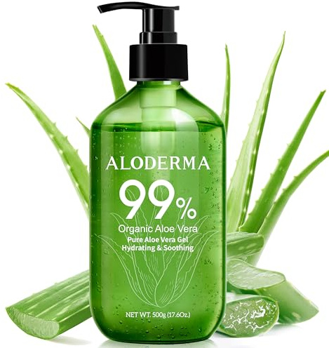 Aloderma 99% Organic Pure Aloe Vera Gel Made Within 12 Hours Of Harvest, 500g Value Pump, Lightweight Non-Sticky Aloe Vera Gel For Sunburn Relief, Natural, Soothing Aloe Vera For Face & Hair