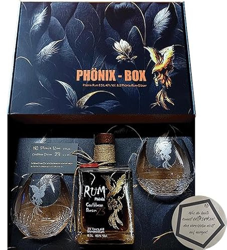 1 Stück Phönix | Caribbean Dream 23 Years Old Blended Rum Set mit 2 Gläser 0.5 l 40% vol inkl. LOVEVINO Silver Button Sticker