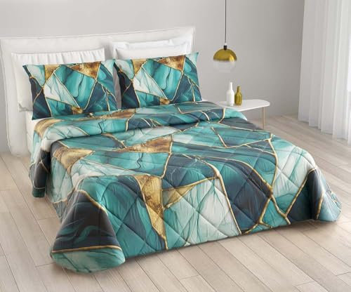 Steppdecke für Doppelbett, Frühling, leicht, gemustert, Digitaldruck (Blaugrün)