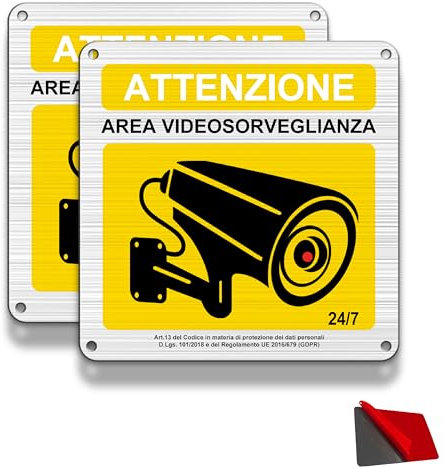 FloraVigo Cartello Videosorvegliata Alluminio Spazzolato 15x15 cm, Adesivo Area Videosorvegliata Metallo di Piccole Dimensioni, piastra di allarme con adesivi (2)