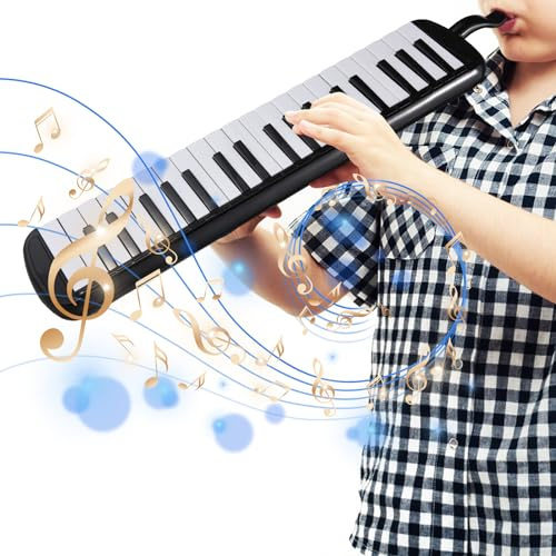 UPALDHOU 37 Keys Melodica Instrument, Professionelles Melodica -Musikinstrument mit 2 Weicher Blasrohr, 2 Blasen mit Tragetasche, Perfektes für Anfänger und Erwachsene (BLACK)