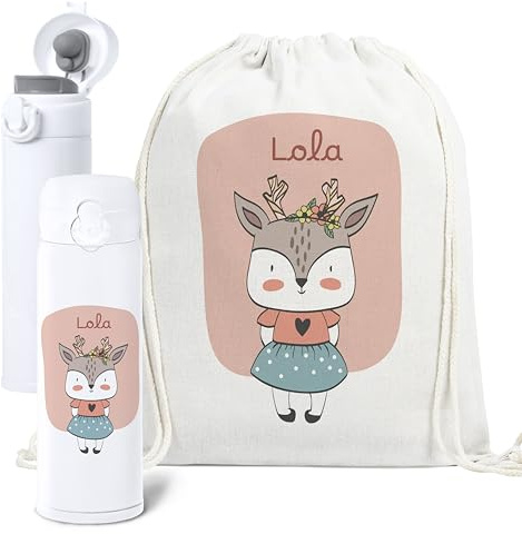 Gente Creativa Mochila Bebé Guardería Personalizada + Botella Acero Inoxidable Niños con Tapón Abre Fácil | Opción Taza Personalizada | Regalo Infantil Personalizado Vuelta al Cole (Reno)