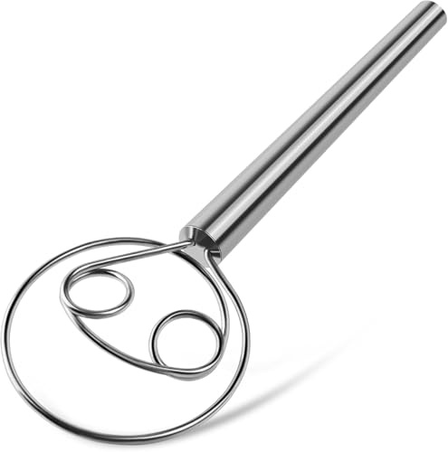 Danish Dough Whisk Stainless Steel Dough Hook Dutch Whisk for Sourdough Bread Dough Mixer Hand Wooden Handle Kitchen Whisking Mixing Tool Bread Making Tools and Supplies (Stainless Steel 2-Eye)