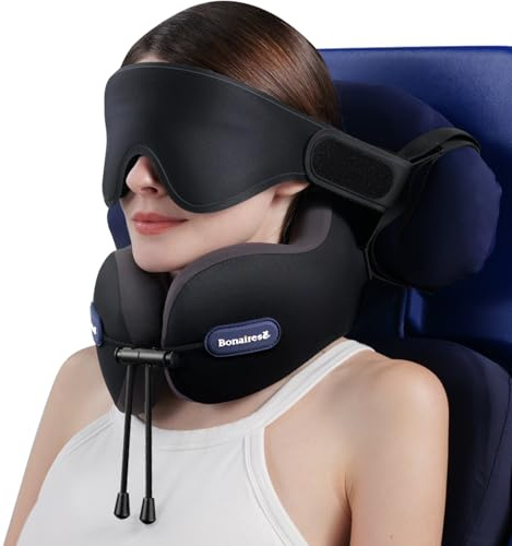 Bonairest Reisekissen, Nackenkissen Flugzeug mit 3D-Augenmaske & Sitzgurt | für Lange Flüge Schlaf, Dichte-Stützschaum, 360°-Unterstützung für Kopf, Nacken & Kinn, Reise-Essentials, Schwarz & Grau