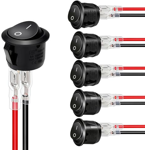 Flomiara 6 Stück Kippschalter mit Draht 15cm, Runder Selbstsichernder | 12V/10A/230V 2-Polig EIN/AUS Rund Schalter für Auto, Wohnmobil, Motorrad & Haushaltsgeräte (Schwarz)