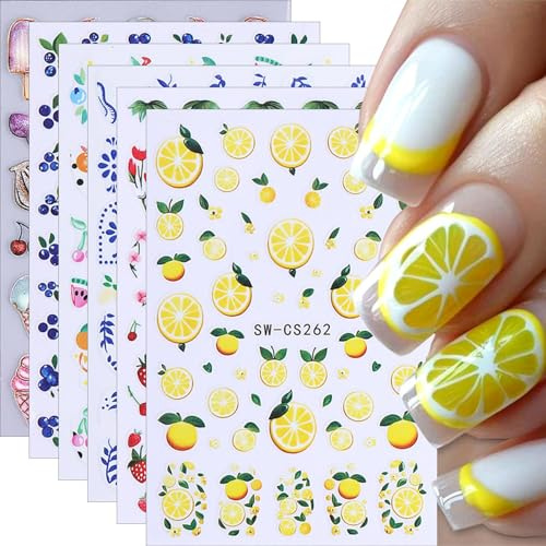 Adesivi Unghie Estate, 5pcs Frutta Adesivi Unghie, Stickers Nail Estivi, Stickers Nails Frutta, Limoni, Fragole, Mirtilli, Banane, Uva e Arance, Decorazioni Fai da Te per Manicure Estiva