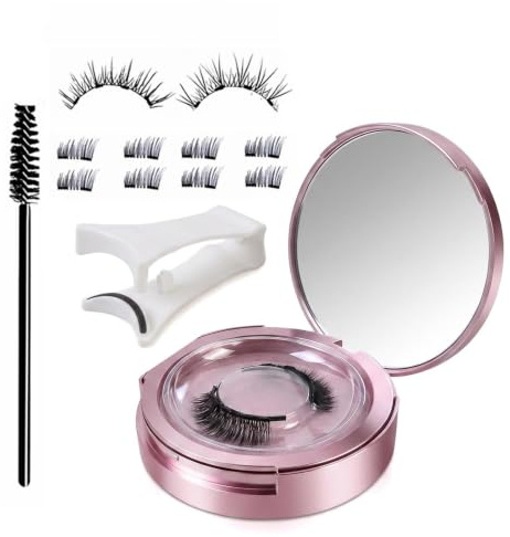 Ciglia Magnetiche Senza Colla, Riutilizzabili (1 Paio + 8 Mezze) 3D Naturali, Kit Ciglia Finte con Applicatore e Custodia Rosa Specchio per Trucco Quotidiano e Viaggi