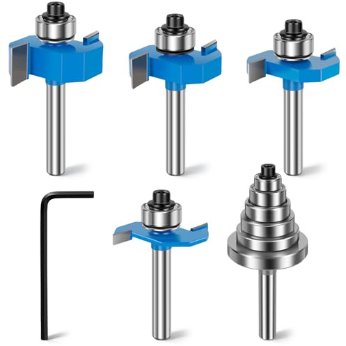 4 Pcs Rabbeting Router Bit Set 1/4'' Shank Carbide Tipped Rabbet Router Bit with 6 Bearing Set Interchangeable Adjustable Multi Depth Cutter for Cutting Rabbet Slot
