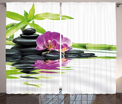 ABAKUHAUS Zen Motiv Rustikaler Vorhang, Purple Orchid Bambusse, Wohnzimmer Universalband Gardinen mit Schlaufen und Haken, 280 x 225 cm, Schwarz Lila