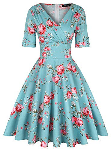MINTLIMIT Women's V-Neck Floral Half Sleeve Midi Fit Flare Retro Dress Cocktail Dresses (Floral Blue #B,Size XL)
