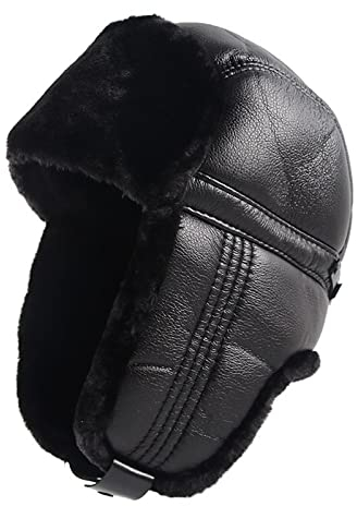 DEPAJA Russische Mütze Russische Leder Trapper Herren Fliegermützen Winter Outdoor Warme Uschanka Sowjetische Herrenmütze Papa Ohrenklappen Bombermütze, Schwarz, 57-58 cm