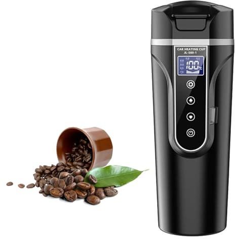 Auveach Fahrzeug Beheizter Wasserkocher 500ml, 12V/24V Elektrischer Wasserkocher mit Digital Display für Auto Lkw Reise Camping(Schwarz)