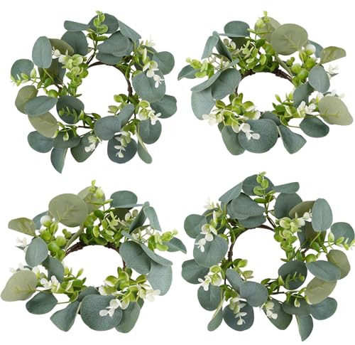 Rhytsing 4er Künstliche Eukalyptusblätter Kerzenkränze, Kerzenringen für Hochzeitsdekoration und Hausdekoration, Grüne Kerzenhalter für Frühling und Sommer - Innendurchmesser: 9 cm