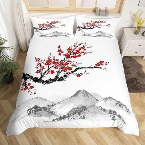 Homewish Housse de Couette 140x200 Japonaise, Ensemble de Literie Imprimé de Fleurs de Cerisier Rouges, Parure de Lit Mont Fuji, Couvre-Lit À Motif Peinture À L'Encre Noir et Blanc, 2 Pièces