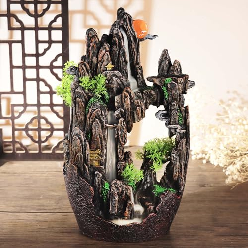 REAWOW Groß Rückfluss-Räucherstäbchenhalter Harz Berg Wasserfall Räucherstäbchenhalter Rückfluss Räuchergefäß mit 120 Rückfluss Räucherkegel Wohnkultur Aromatherapie Ornament