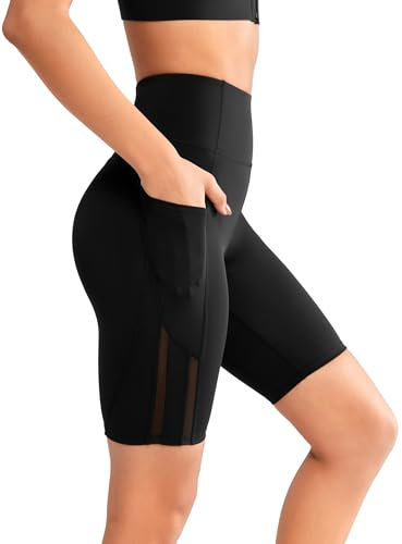Yvette Kurz Damen Leggings Radhlerhose mit Tasche Mesh Blickdicht high Waist Gym Shorts, Schwarz, XL