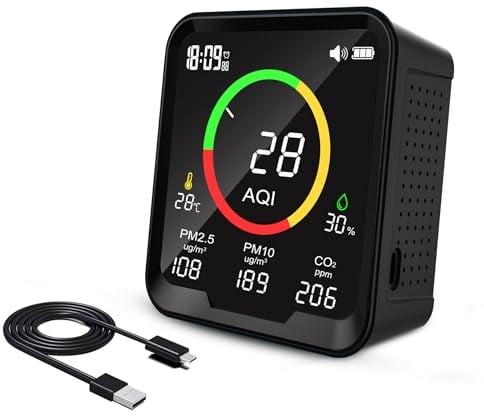 Therm La Mode CF-9A Moniteur de Qualité de L'air Tacks PM 2,5, PM 10, AQI, Moniteur de Dioxyde de Carbone 6 en 1, Température et Humidité, NDIR CO2 Detecte