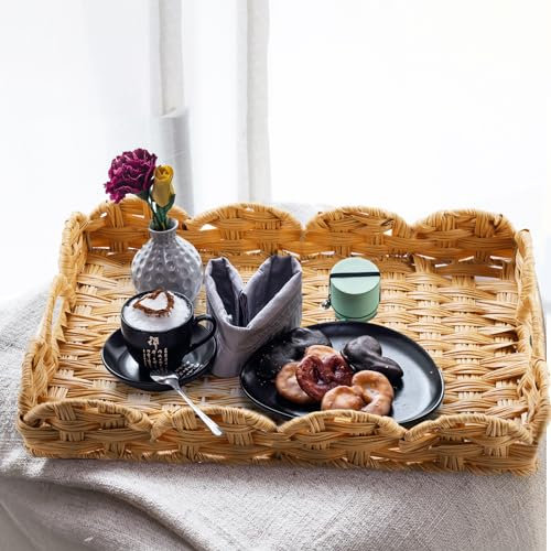 NiHome Multifunctional Wicker Serving Tray with Handles,Decorative Ottoman Tray for Breakfast, Coffee Table, Living Room, Bathroom - Metal Frame Handwoven Synthetic Rattan (Rectangular, 39.8x29.4 cm)