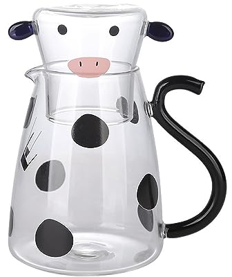 18 Oz or 60 Oz Cow Shaped Clear Glass Pitcher with Lid or Cup, Cute Crystal Glass Carafe for Hot or Cold Water, Glass Iced Tea Kettles for Beverage,Coffee,Water(S)