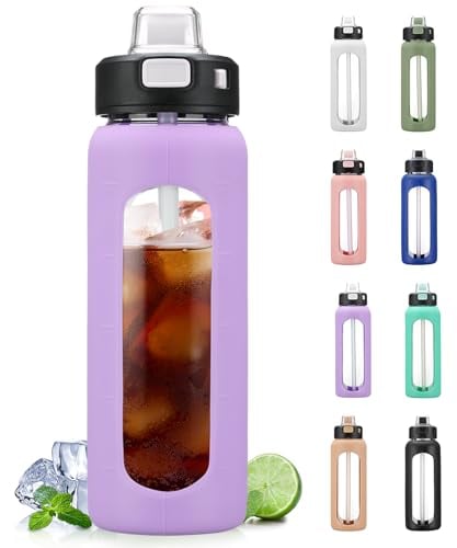 BLUEGO 700ML Bouteille d'eau en Verre avec Poignée et Paille Bouteille d'hydratation avec Manchon en Silicone et Marquage du Temps Gourde de Motivation pour Gym Sport Extérieur Anti-fuite, Violet