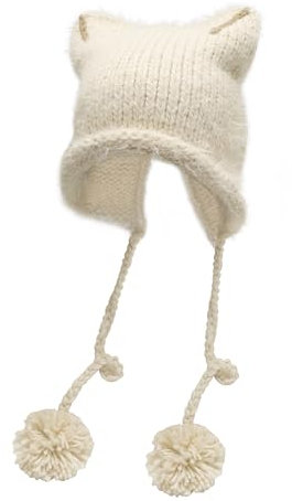 ZLYC Damen Katzenohr Slouchy Strickmütze Grunge Niedlich Wintermütze(Pom Pom Beige),Einheitsgröße
