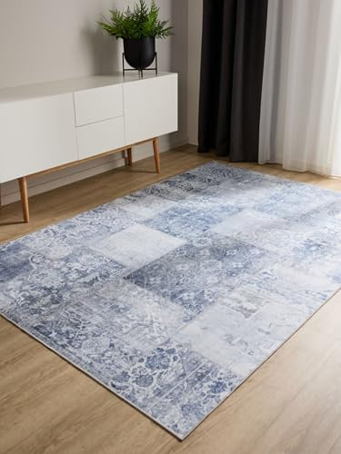 benuta Basic Waschbarer Teppich George - Blau 80x150 cm - Kunstfaser - Rechteckig & im Style: Vintage, Ethno-Style, Shabby Chic - Pflegeleicht für Wohnzimmer Schlafzimmer