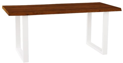 Liadomo Esstisch 220x100 Diala Nuss, Baumkantentisch, Baumkante, Akazie Massivholz Tisch, 35 mm Tischplatte lackiert, Robust & Pflegeleicht, Unikat, U-Gestell Metall weiß