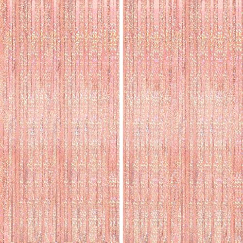 2pcs 3ft X 8.3ft Rose Gold Glitter Metallic Tinsel Curtains Aluminum Foil Flow Silk Curtain Background Streamer Birthday Party Wedding Holiday Backdrop Decoration
