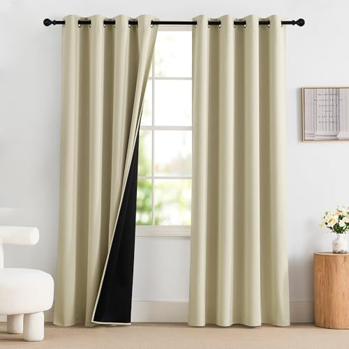 PONY DANCE Beige Vorhänge 100% Blickdicht Thermogardinen Hitzeschutz | 2er Set, H220 x B140 cm, Hellbeige, Verdunkelnde Gardinen, Sichtschutz, UV-Schutz, mit Ösen, für Schlafzimmer Wohnzimmer
