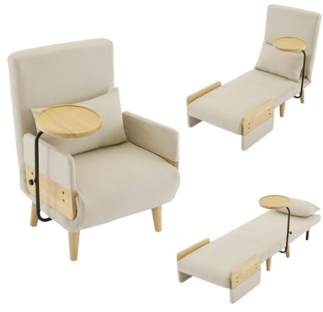 Lexiou Sillón reclinable 3 en 1 con función de dormir, sofá cama convertible, silla plegable acolchada, asiento tapizado, cama individual (beige)