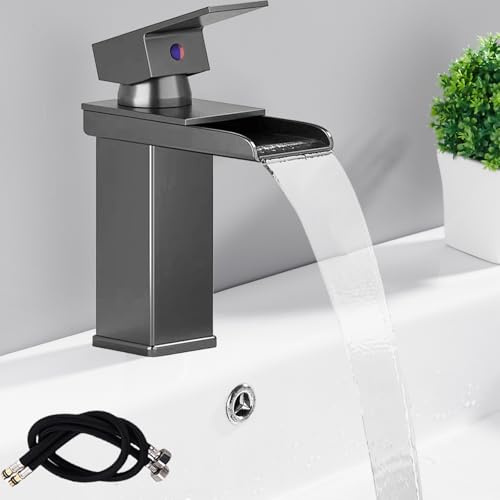 Robinet cascade de salle de bain gris gunmetal, mitigeur de lavabo en acier inoxydable, robinet d'eau chaude et froide, mitigeur moderne à levier unique pour salle de bain (tuyaux de 60 cm inclus)
