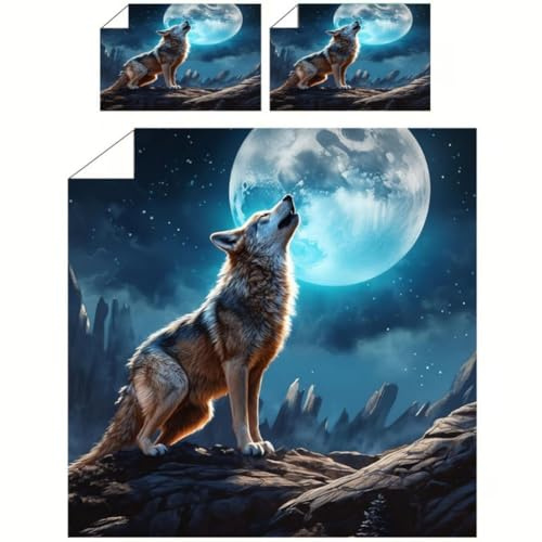 WSFST Wolf Bettwäsche 135x200 Mond – Fantasy Wolf Motiv Bettwäsche Set, Mikrofaser Bettbezug 135x200 + 80x80 Kissenbezug, Dunkel Blau Tier Bettwäsche für Jungen Teenager