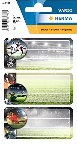 HERMA 1763 Buchetiketten zum Beschriften Fußball, 9 Stück, 76 x 35 mm, selbstklebend, liniert, Buchaufkleber für Schule Kinder Mädchen Jungen, mehrfarbige Heftetiketten Aufkleber, bunt