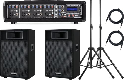 Pronomic PM42-115 StagePower Set Aktivanlage (4-Kanal 100 Watt Powermischer mit MP3-Player, 15 Boxen, Stative und Kabel)