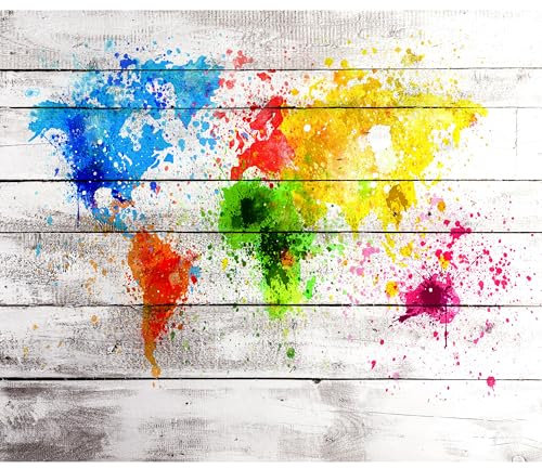 decomonkey - Papier Peint Panoramique carte du monde 300x210 cm - Décoration murale moderne – Tapisserie décorative pour chambre salon - Bois coloré continents carte du monde