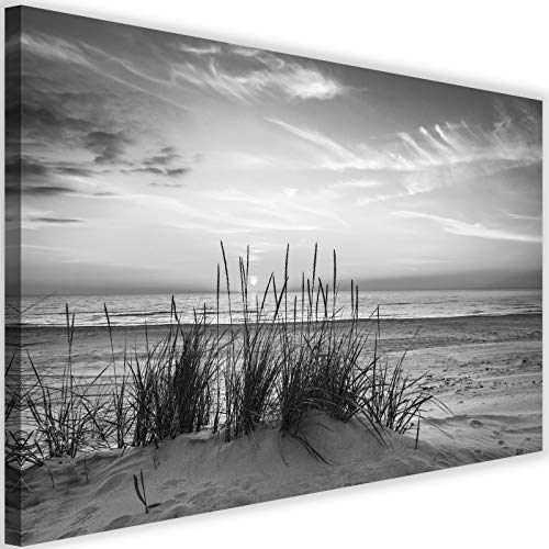 Feeby Bilder Strand 90x60 cm - Leinwandbild - 1 Teilig - Kunstdruck Nordsee Ostsee Gras Himmel grau