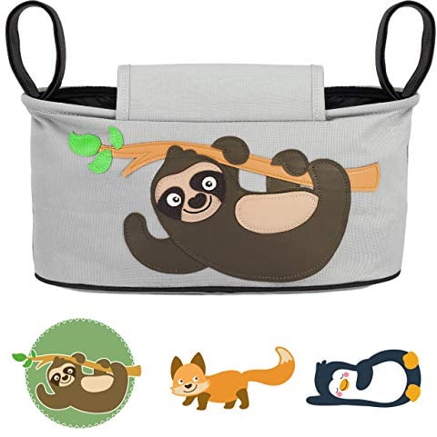 GLÜCKSWOLKE Kinderwagen Organizer - 12 Motive I Kinderwagentasche verschließbar I Kinder Buggy Tasche mit Feuchttuchspender I Baby Stroller Pram Bag I Aufbewahrungstasche (Fannie Faultier I grau)