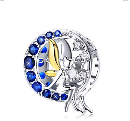 Breloque ange en argent sterling 925 avec lune bleue et fée lunaire en zircon cubique Compatible avec les bracelets européens Pandora