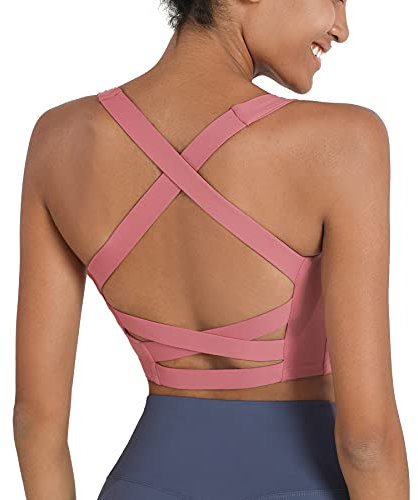 romansong Strappy Yoga Sport BHS für Frauen Gepolsterte Criss-Cross Back Tank Tops, Rosenrot, Mittel