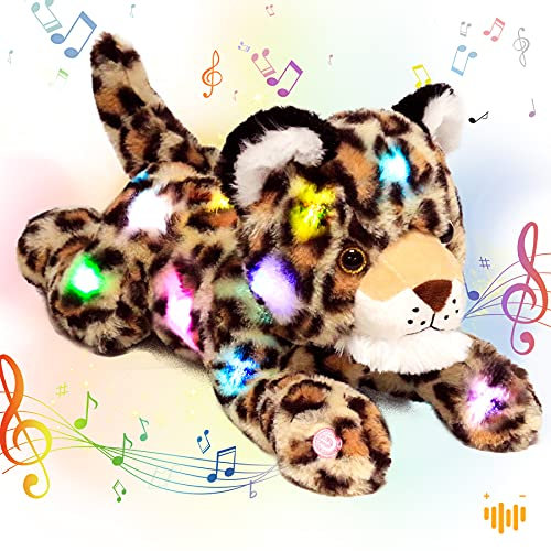 Hopearl LED Musical Plüsch Gepard Leuchtet Singendes Plüsch Leopard Spielzeug Lautstärkeregulierung Schlaflied Animierte Beruhigung Geburtstagsfest für Kinder Kleinkinder Jungen, 35.5cm