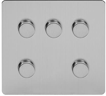 Soho Lighting Brushed Chrome Flat Plate 5 Gang Dimmer Switch 150W LED Trailing Edge Dimmer Screwless