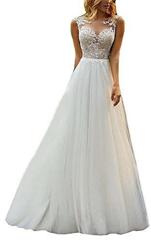 yhfshop Robe de Soirée Femme Longue Tulle,Robe de mariée à Double épaule à col Rond, Robe de soirée de Bal-Off White_38,Robe de Soirée Cocktail Longue Femme