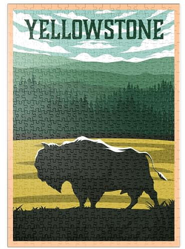 MyPuzzle Bisons im Yellowstone-Nationalpark, Art Deco Style Vintage Poster, Illustration - Premium 500 Teile Puzzle - MyPuzzle Sonderkollektion von Puzzle Galaxy