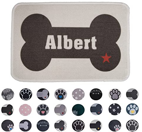 PET REBELLION | Personalised Extra-Large Pet Feeding Mat | Absorbent & Machine Washable | Customisable with Your Pet's Name | Non-Slip Backing | Bone Red Star
