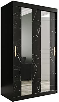 Kleiderschrank Kamoga Pole, Schwebetürenschrank mit 2 Kleiderstangen Spiegel Marmor Muster Schiebetürenschrank für Schlafzimmer Garderobe (Modell 120, mit Schubladen, Schwarz/Marmor Schwarz + Gold)