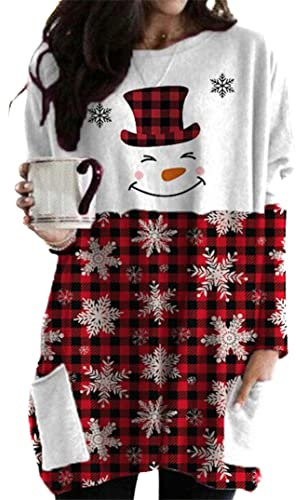 EFOFEI Damen Rundhals Weihnachtspullover Muster Top Streetwear Bluse Tops Drucken Lässiges Weihnachtskleid EIN Hut XXL