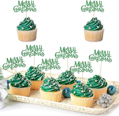 24 Stück Merry Christmas Cupcake Toppers Glitter Frohe Weihnachten Kuchen Toppers Frohe Weihnachten Xmas Thema Party Kuchen Dekorationen Zubehör Grün